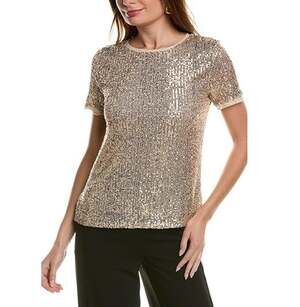New Anne Klein Women's Beige Triple Mesh Short Sleeves Banded Tee Size Large